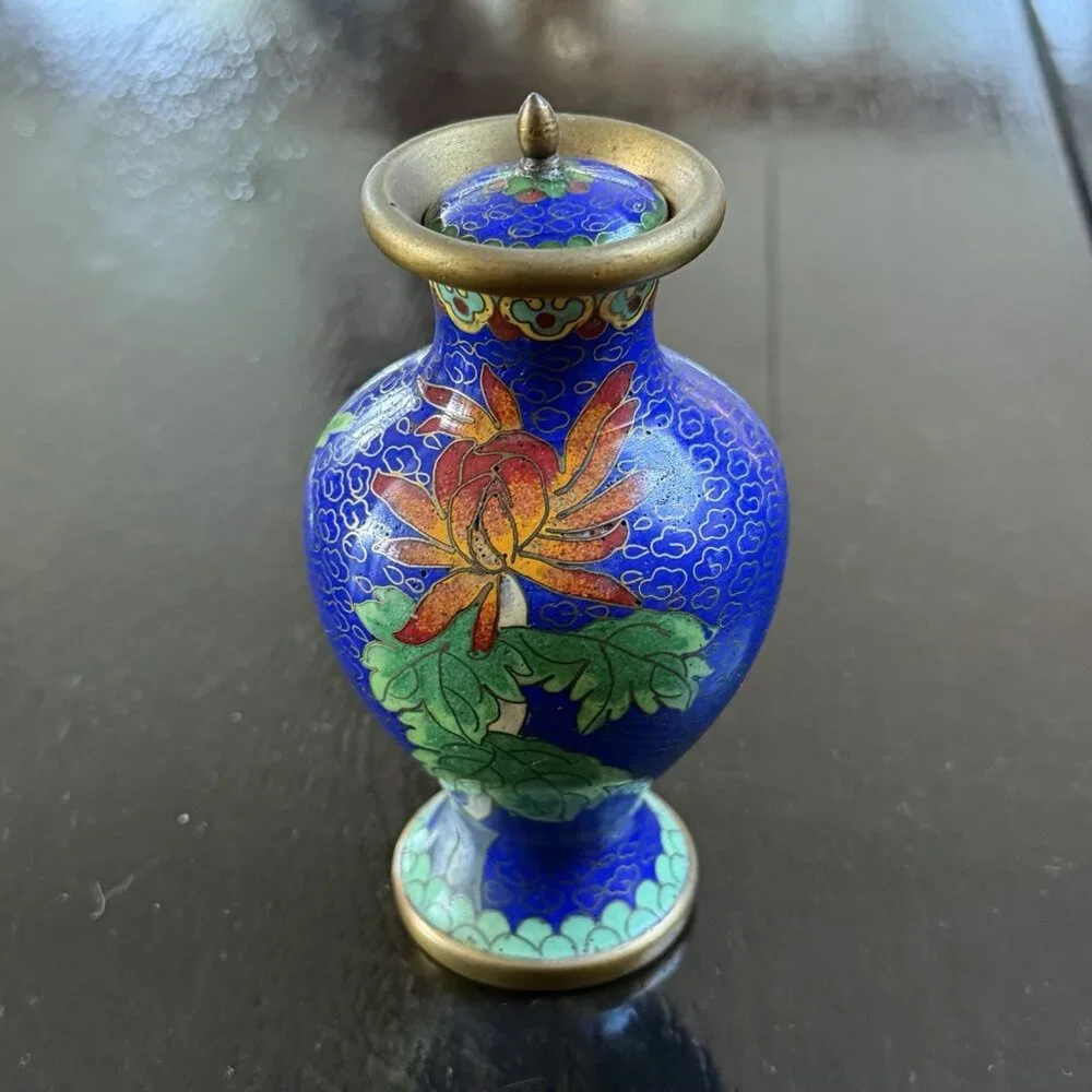 Vintage Chinese Cloisonne Enamel Vase Lidded Brass Enamel Flower Motifs Decor